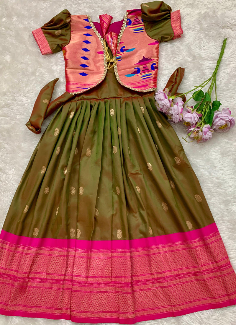 Evanik Green Soft Paithani Silk Zari Weaving Pavadai For Kids Gown & Koti