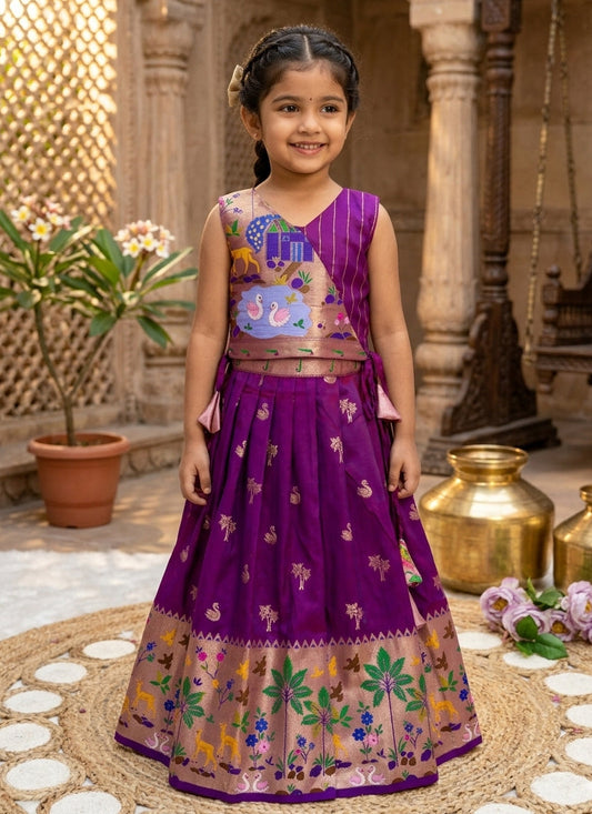 Evanik Purple Soft Silk Paithani Design Zari Weaving Pavadai Lehenga Choli For Kids