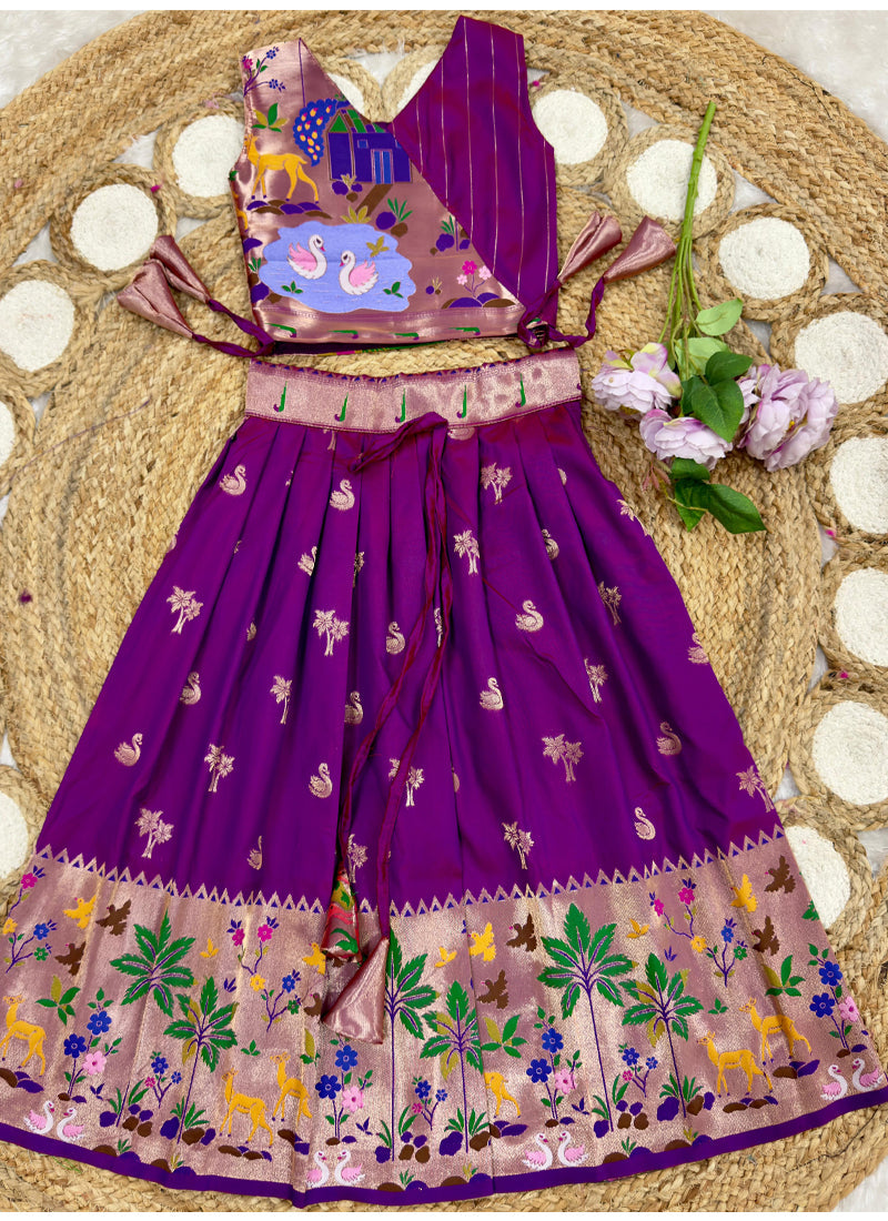 Evanik Purple Soft Silk Paithani Design Zari Weaving Pavadai Lehenga Choli For Kids