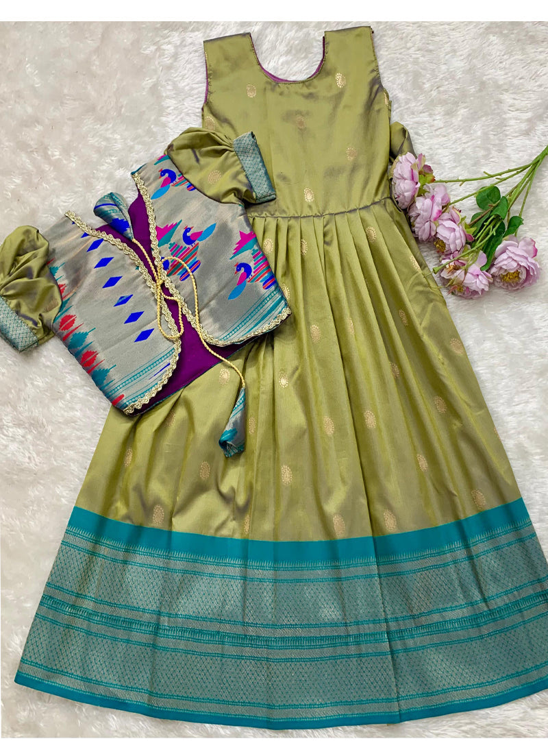 Evanik Green Soft Paithani Silk Zari Weaving Pavadai For Kids Gown & Koti
