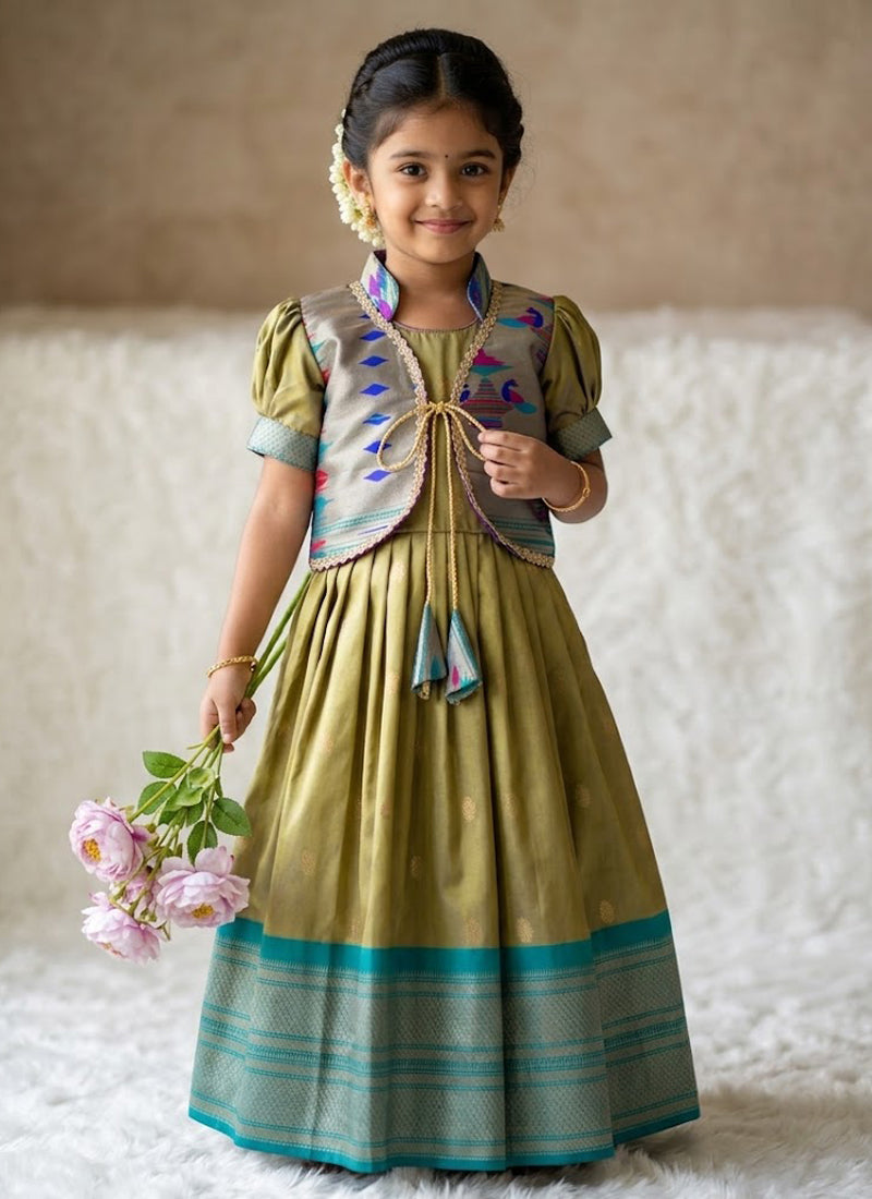 Evanik Green Soft Paithani Silk Zari Weaving Pavadai For Kids Gown & Koti