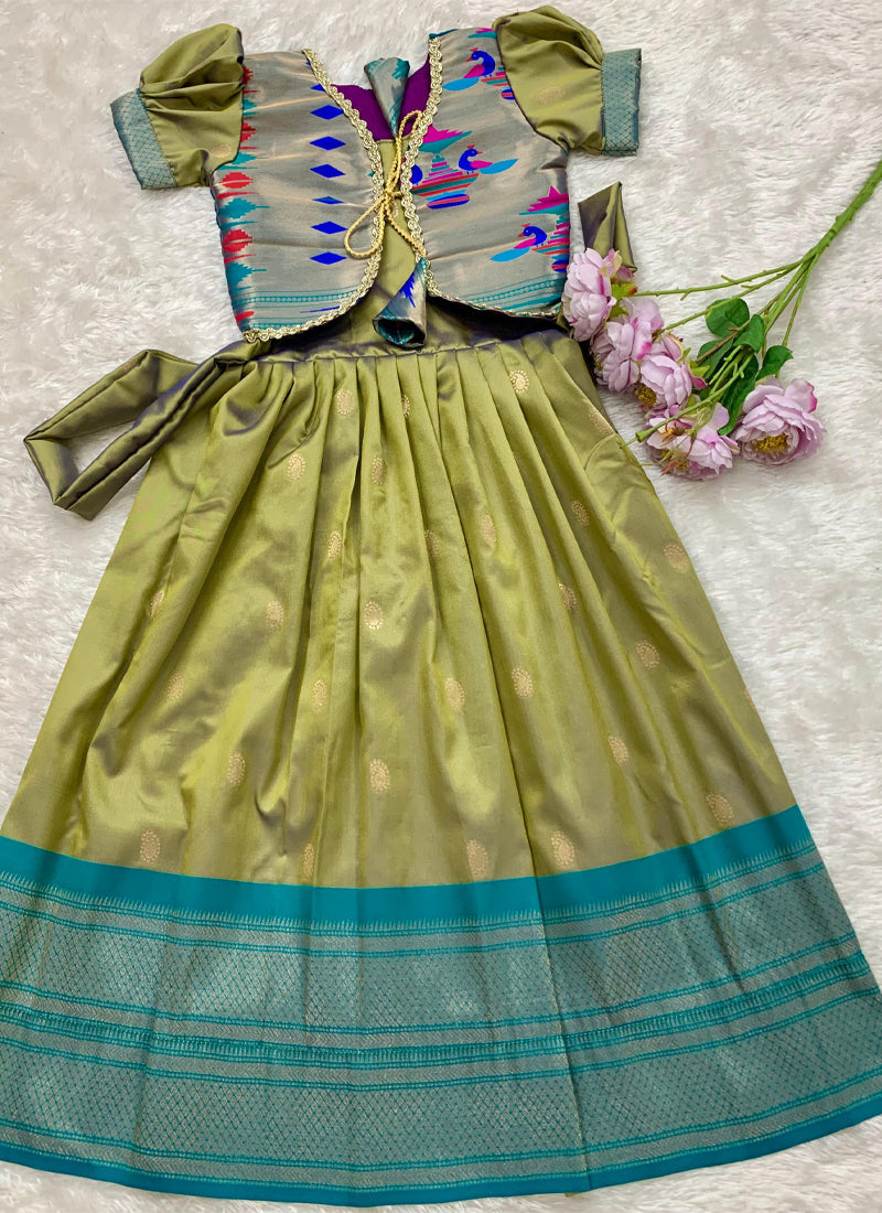 Evanik Green Soft Paithani Silk Zari Weaving Pavadai For Kids Gown & Koti