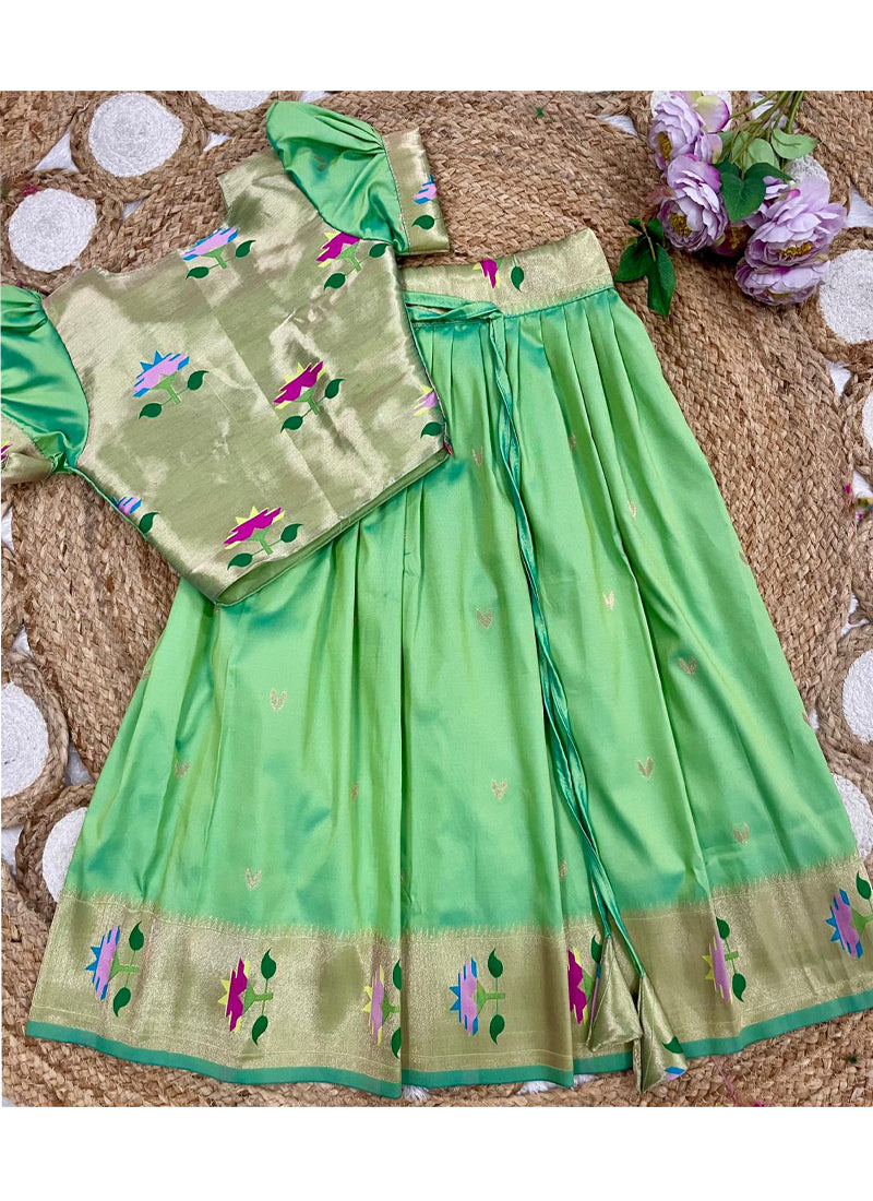 Evanik Green Soft Silk Paithani Design Zari Weaving Pavadai Lehenga Choli For Kids