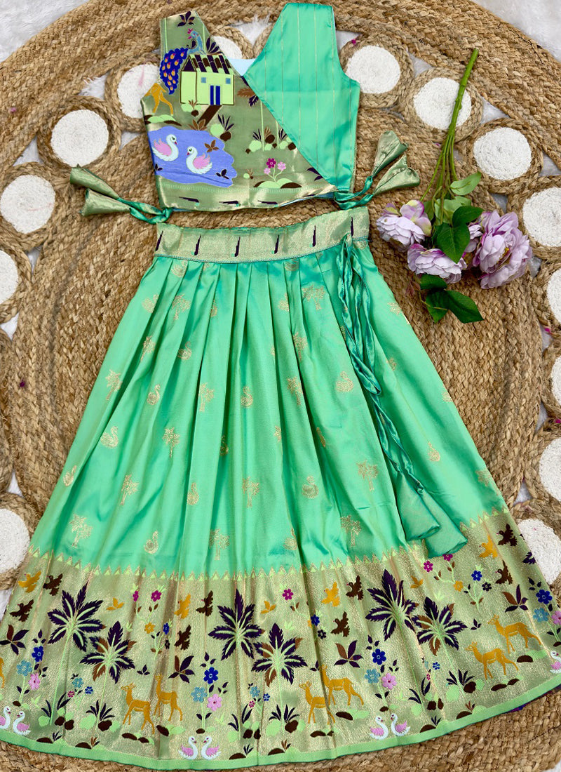 Evanik Green Soft Silk Paithani Design Zari Weaving Pavadai Lehenga Choli For Kids