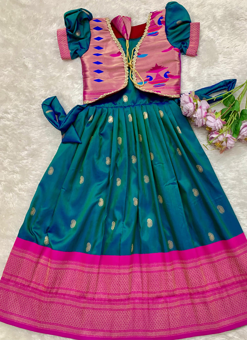 Evanik Blue Soft Paithani Silk Zari Weaving Pavadai For Kids Gown & Koti