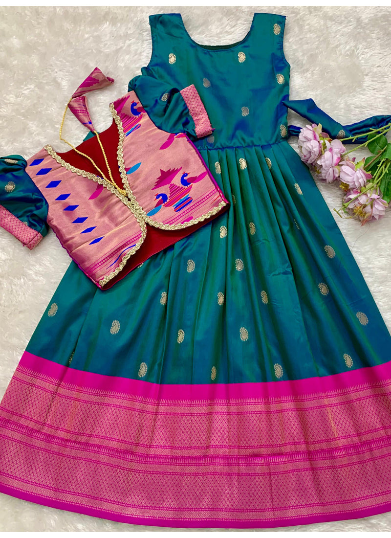 Evanik Blue Soft Paithani Silk Zari Weaving Pavadai For Kids Gown & Koti