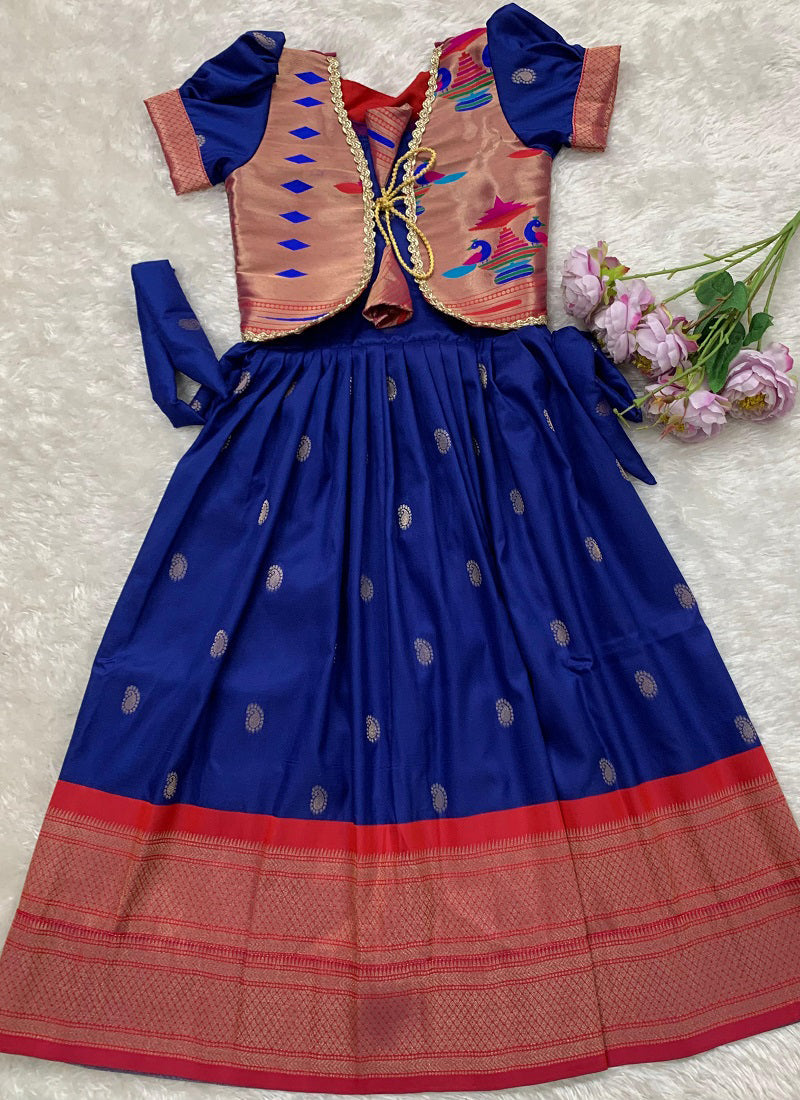 Evanik Blue Soft Paithani Silk Zari Weaving Pavadai For Kids Gown & Koti