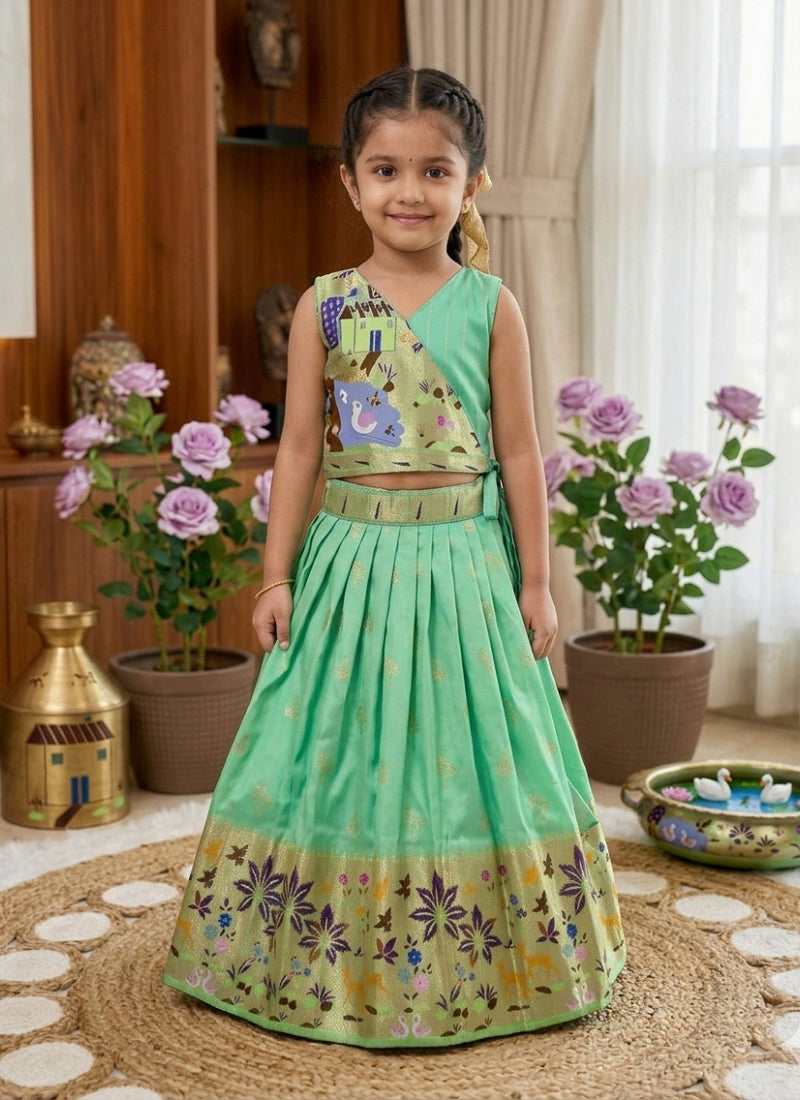 Evanik Green Soft Silk Paithani Design Zari Weaving Pavadai Lehenga Choli For Kids