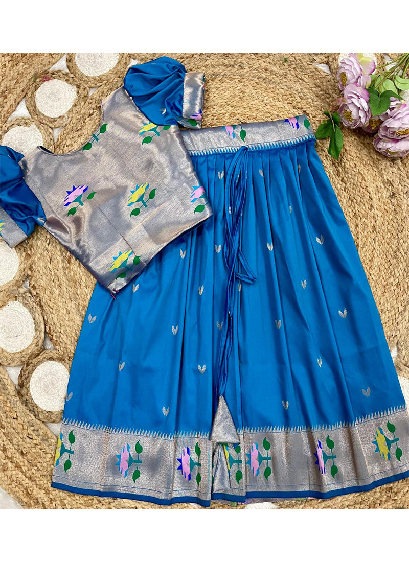 Evanik Blue Soft Silk Paithani Design Zari Weaving Pavadai Lehenga Choli For Kids