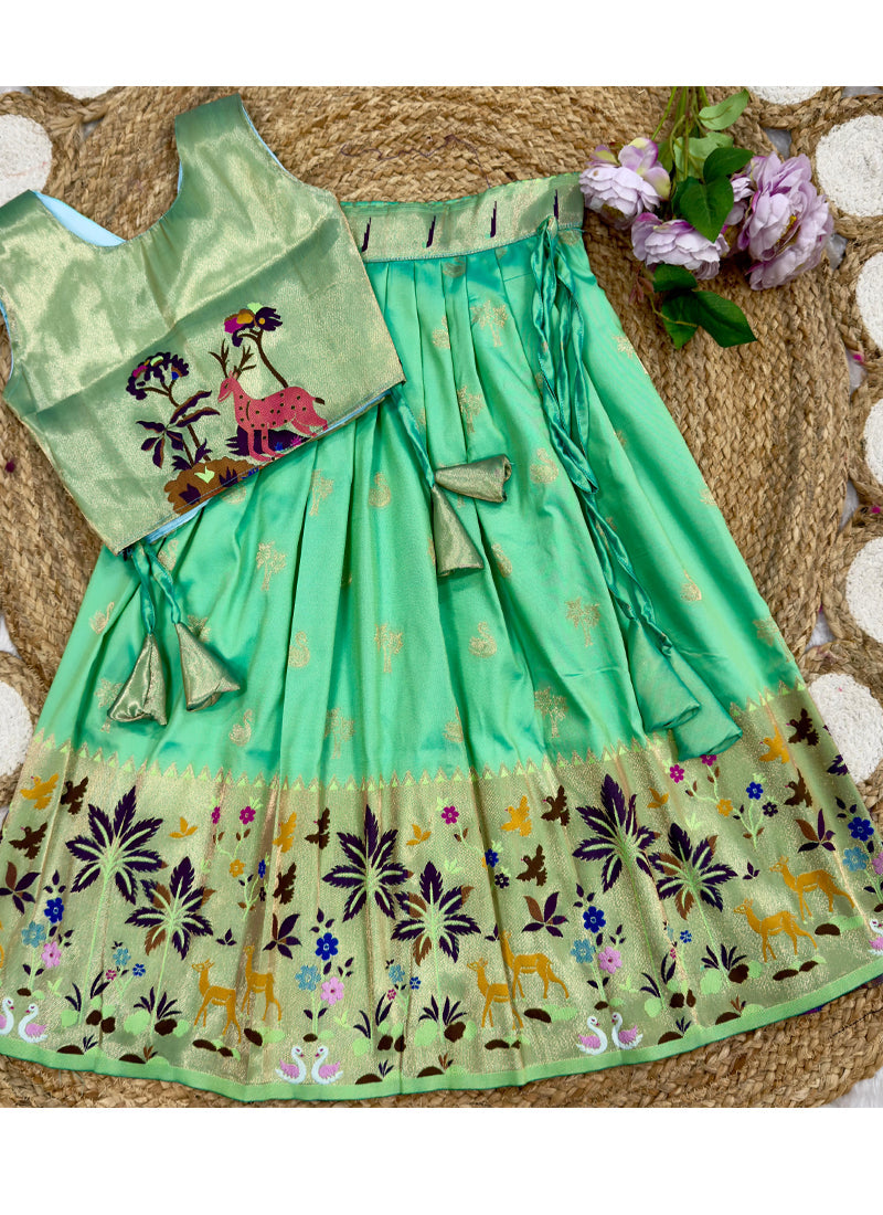 Evanik Green Soft Silk Paithani Design Zari Weaving Pavadai Lehenga Choli For Kids