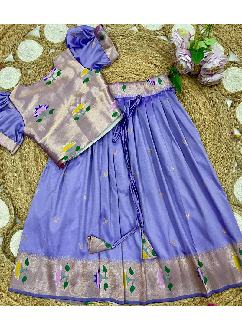 Evanik Purple Soft Silk Paithani Design Zari Weaving Pavadai Lehenga Choli For Kids