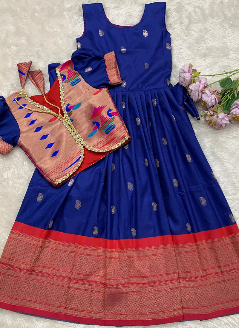 Evanik Blue Soft Paithani Silk Zari Weaving Pavadai For Kids Gown & Koti