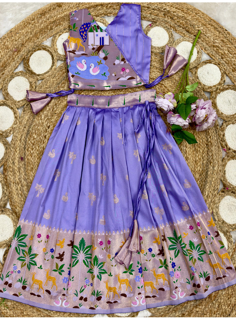 Evanik Purple Soft Silk Paithani Design Zari Weaving Pavadai Lehenga Choli For Kids