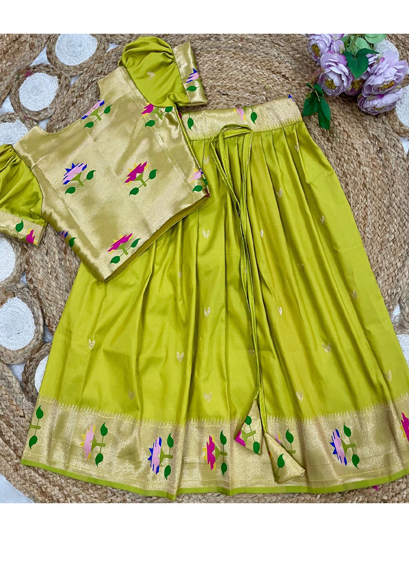 Evanik Green Soft Silk Paithani Design Zari Weaving Pavadai Lehenga Choli For Kids