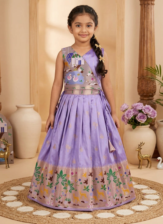 Evanik Purple Soft Silk Paithani Design Zari Weaving Pavadai Lehenga Choli For Kids