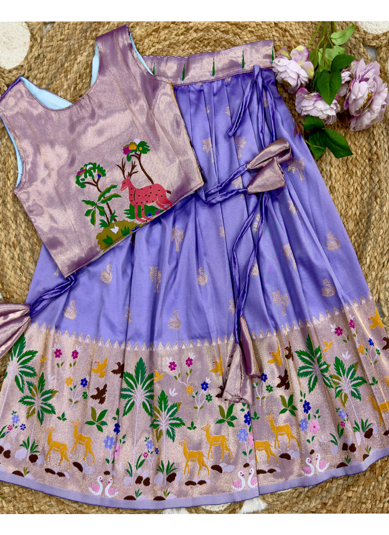 Evanik Purple Soft Silk Paithani Design Zari Weaving Pavadai Lehenga Choli For Kids
