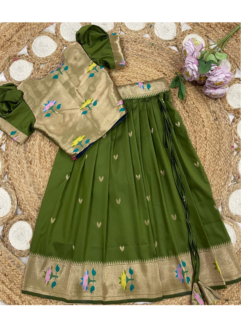Evanik Green Soft Silk Paithani Design Zari Weaving Pavadai Lehenga Choli For Kids