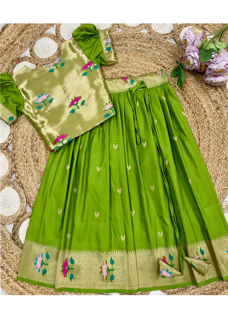 Evanik Green Soft Silk Paithani Design Zari Weaving Pavadai Lehenga Choli For Kids