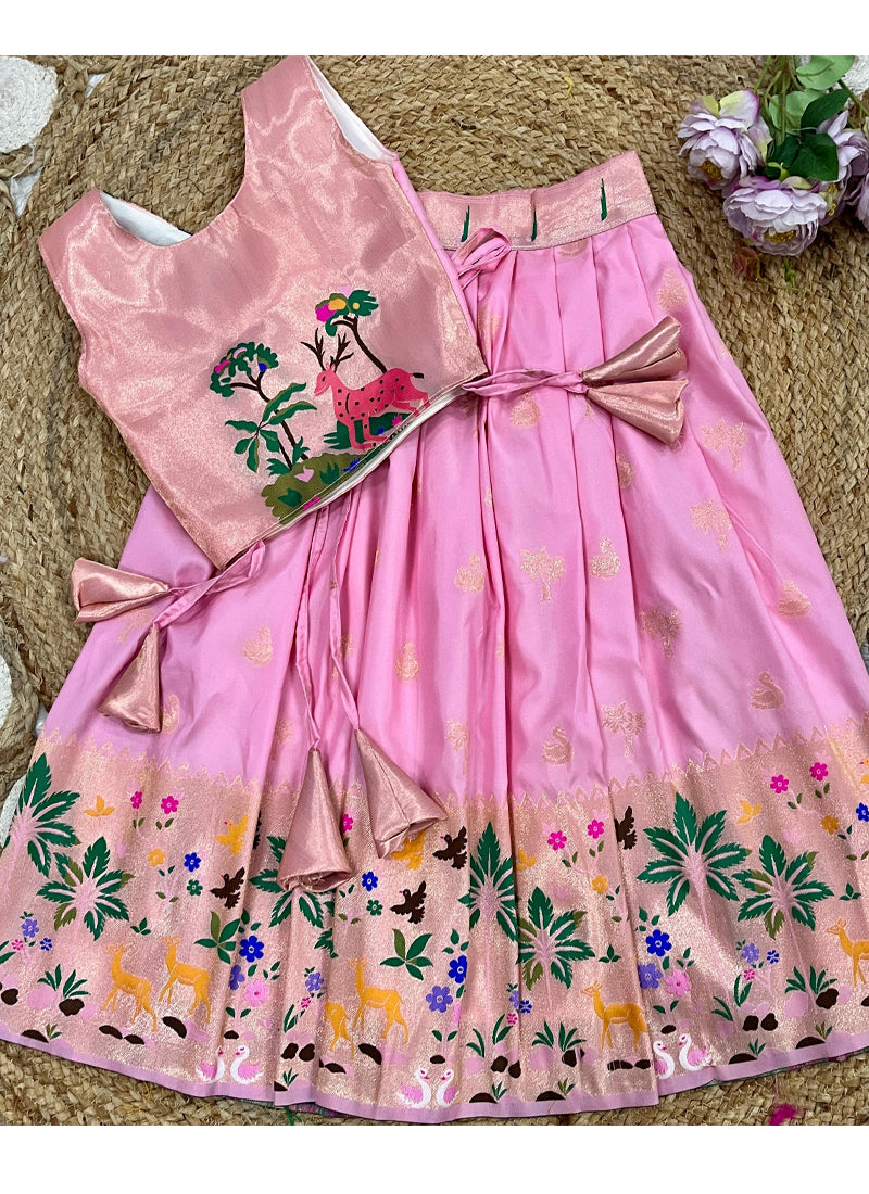 Evanik Pink Soft Silk Paithani Design Zari Weaving Pavadai Lehenga Choli For Kids