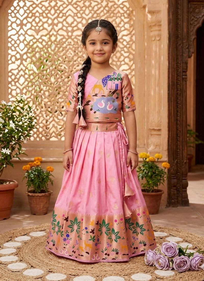 Evanik Pink Soft Silk Paithani Design Zari Weaving Pavadai Lehenga Choli For Kids