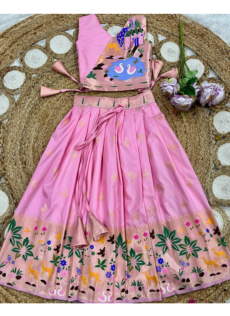 Evanik Pink Soft Silk Paithani Design Zari Weaving Pavadai Lehenga Choli For Kids