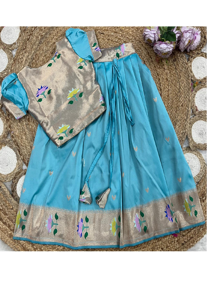 Evanik Blue Soft Silk Paithani Design Zari Weaving Pavadai Lehenga Choli For Kids