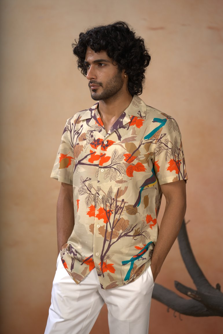 Serenity Bird Themed Print Cotton Shirt by Hilo Design