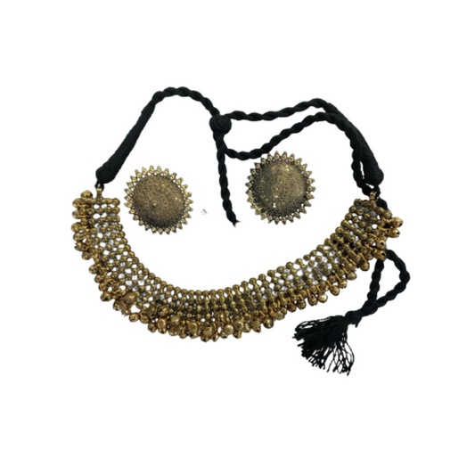 Mominos Fashion Johar Kamal Oxidised Gold-Plated Brass Finish Ghungroo Design Choker Set - Grab2buy