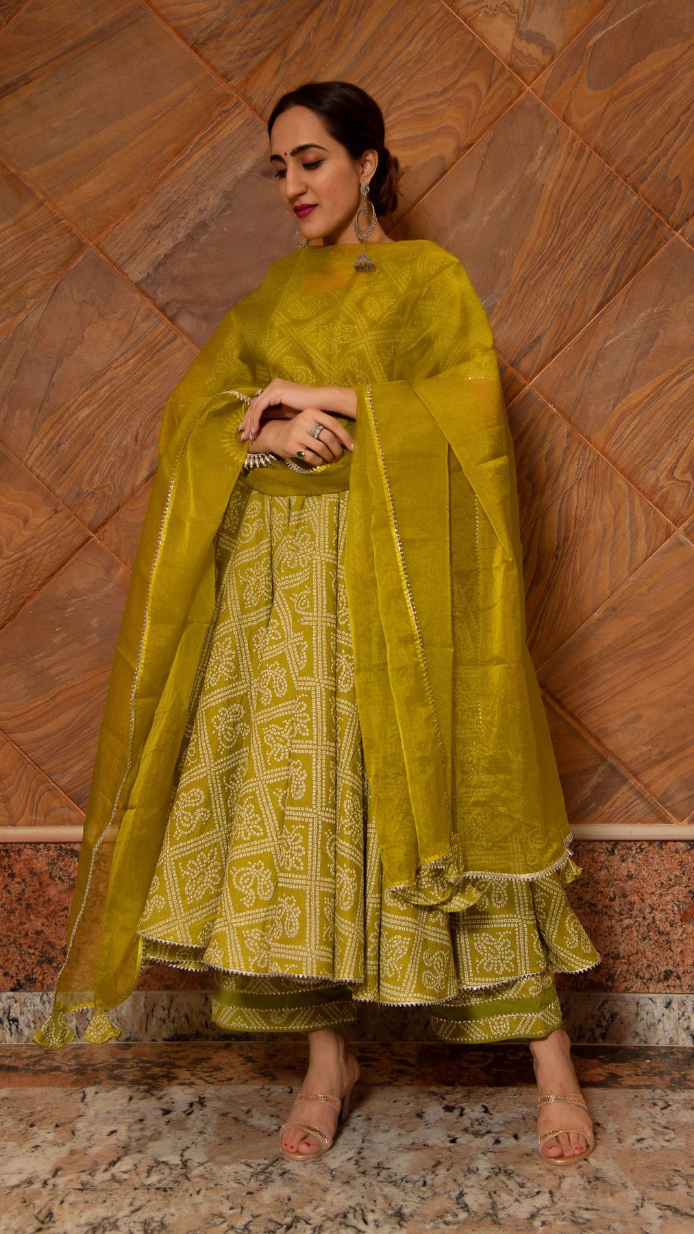 Pomcha Jaipur Bandhej Mehndhi Green Cotton Anarkali Set 