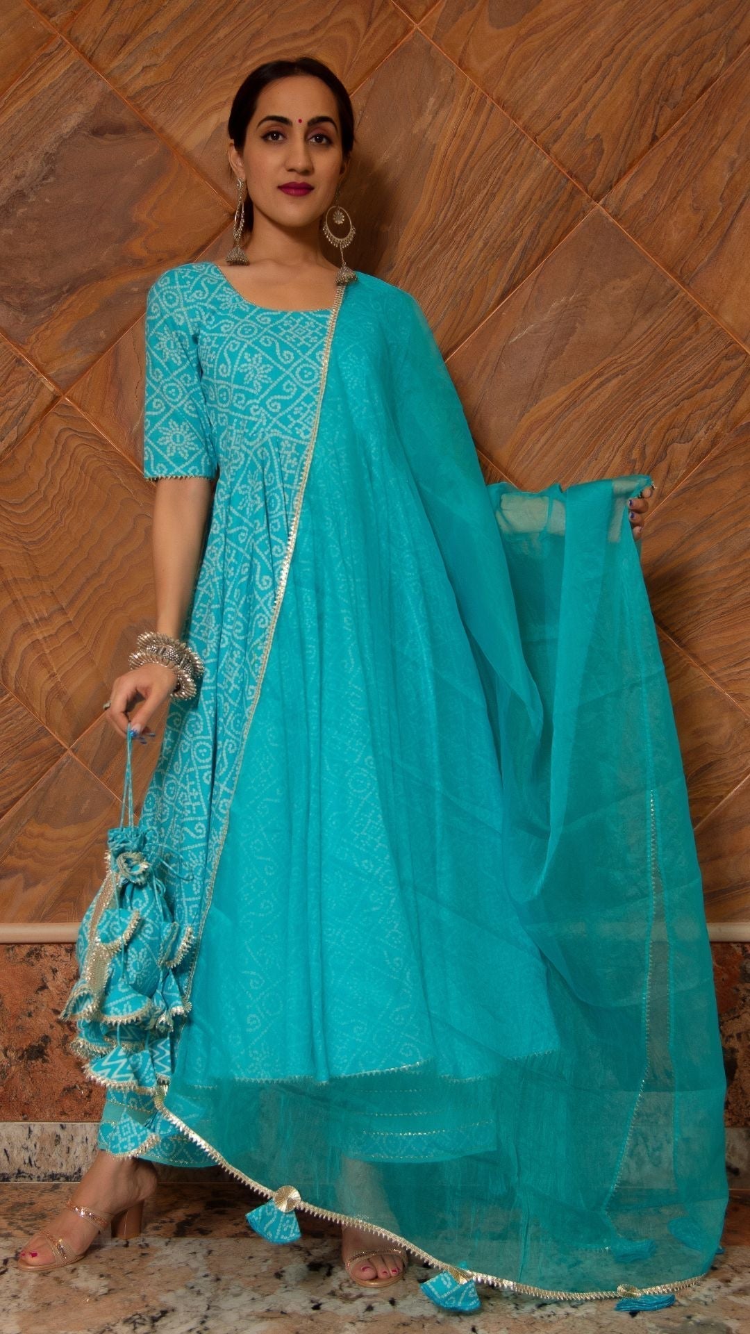 Pomcha Jaipur Bandhej Blue Cotton Anarkali Set 