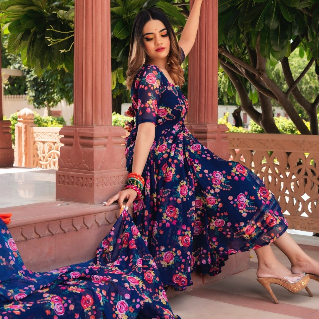 Pomcha Jaipur Manjari Organza Phool Jaal Anarkali Set 