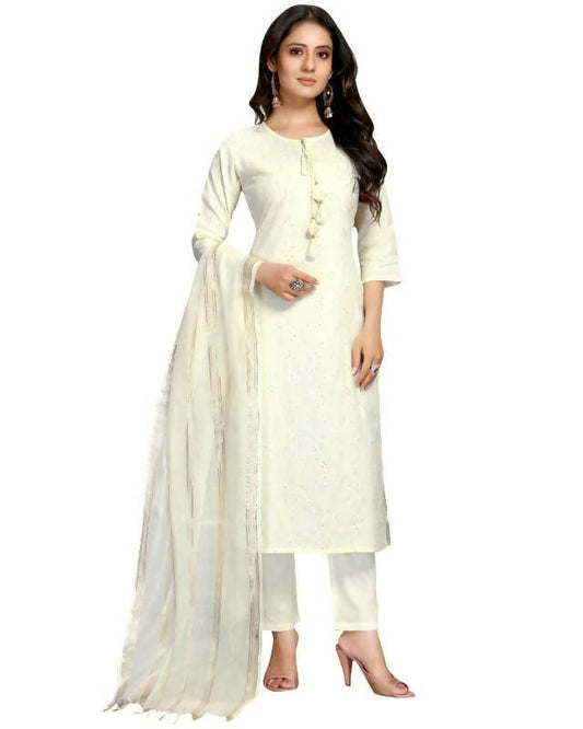 Aastha Fashion Women's Off White Cotton Flex Embroidered Kurta with Trouser & Dupatta - Grab2buy