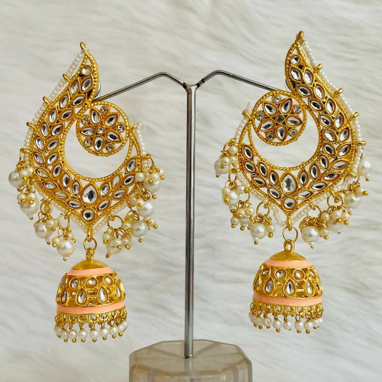 Beige Gold-Polished Peacock Design Brass Kundan Stone Handcrafted Jhumka Latkan Earrings For Women And Girls By House of Ree House of Ree