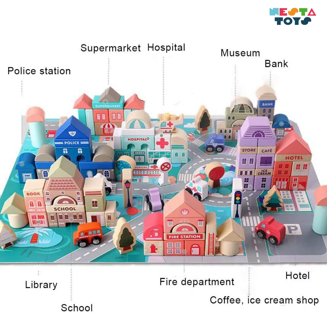 Nesta Toys 115 Pieces Wooden City Building Blocks, Stacking Educational Toys |Building Toys for Creative Play (3+ Years)