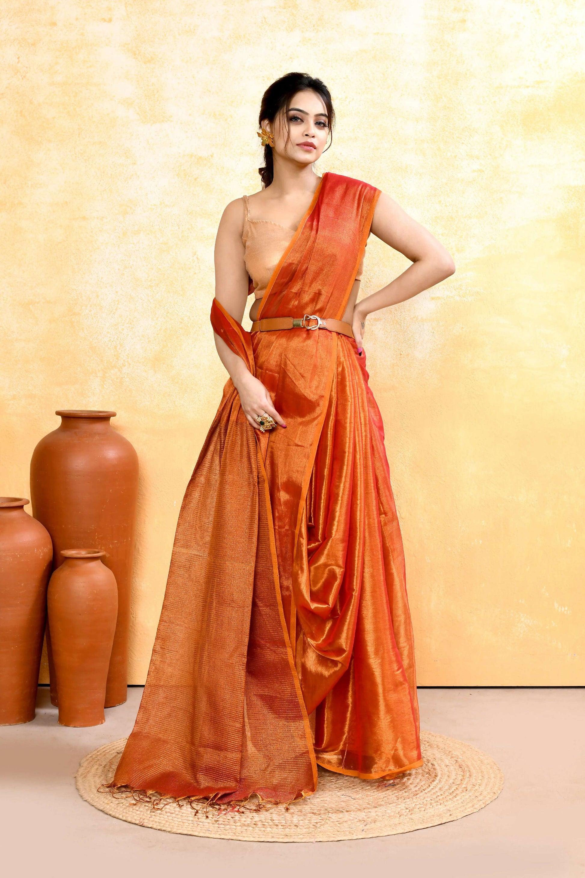 Piyari Fashion Women's Rust Dual Tone Organic Tissue Saree With Blouse Piece