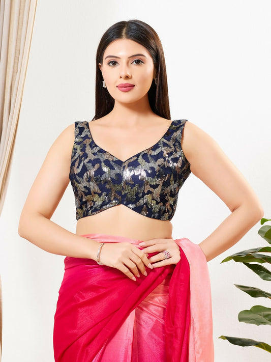 Joban Fashion Navy Blue Silk Padded Blouse With Sweetheart Neck Sleeveless