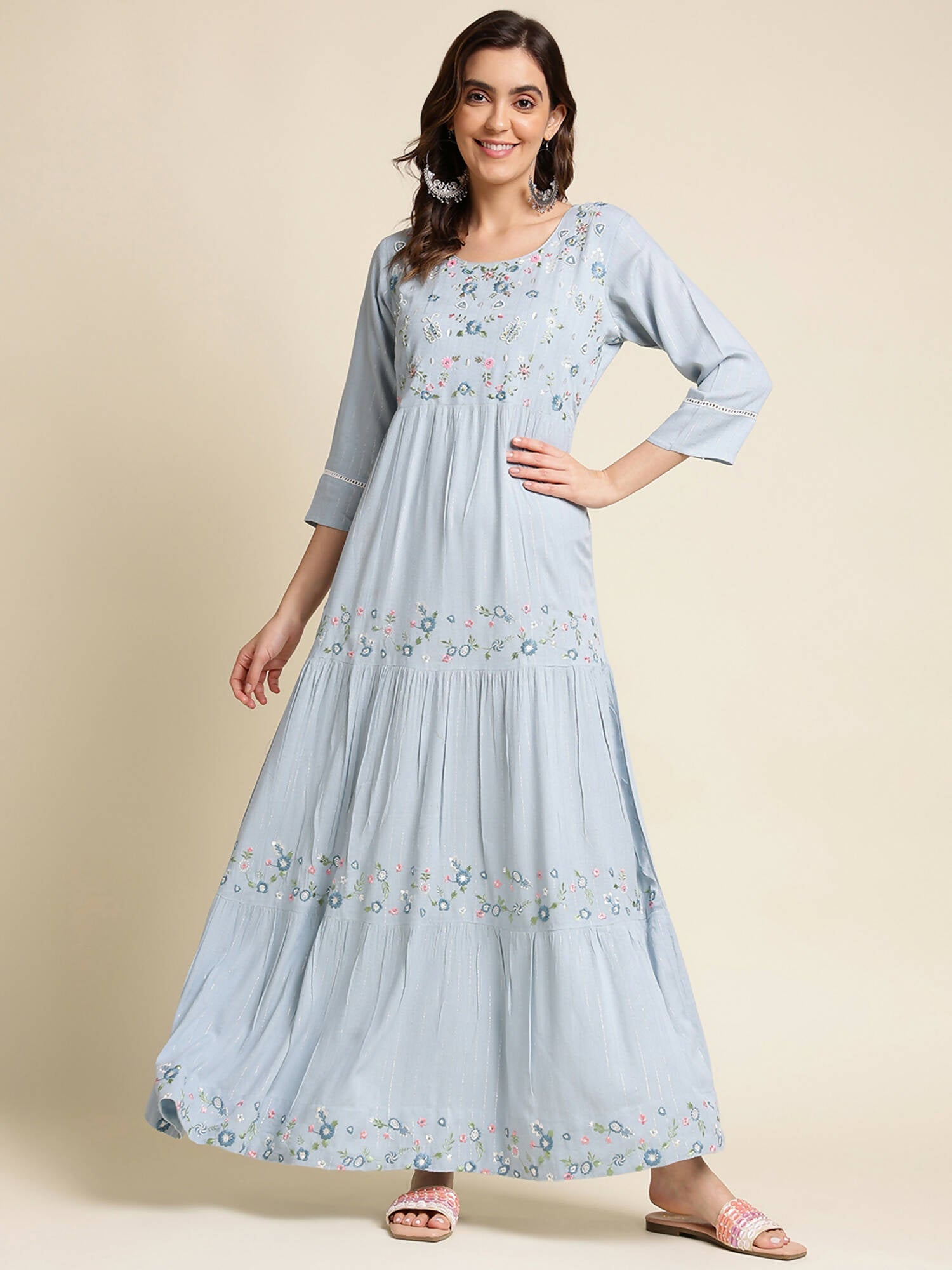 Sky Blue Chinon Floral Embroidered Dress - Nandani