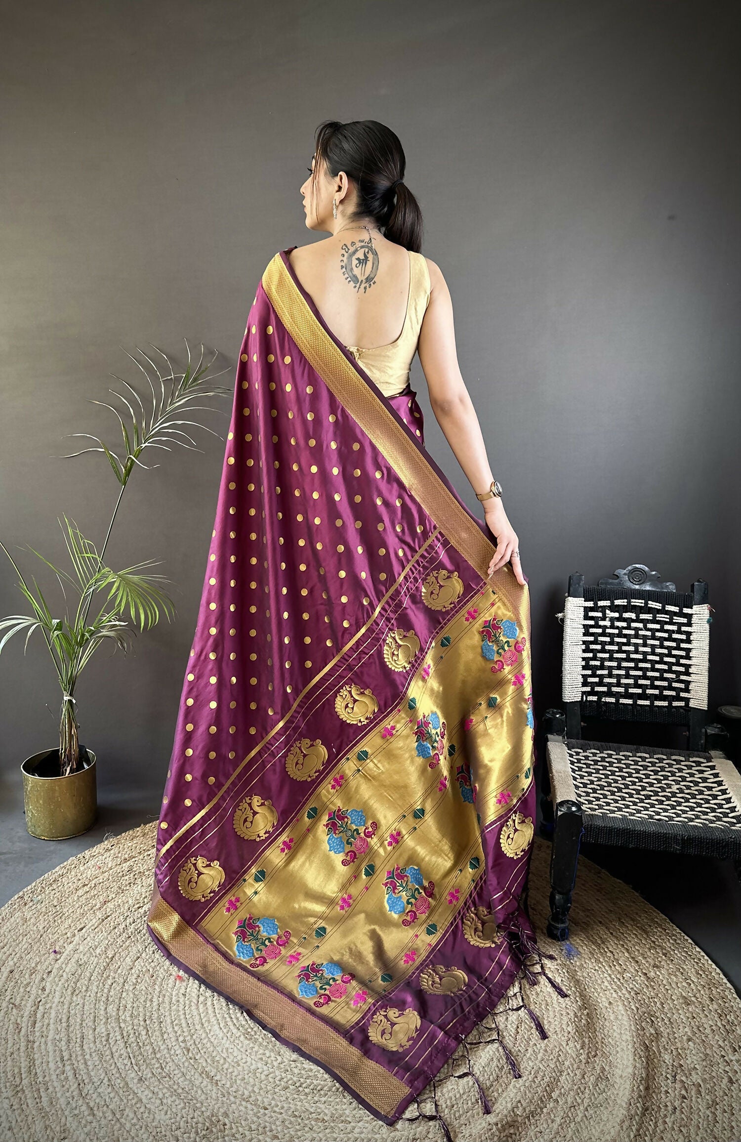 Joban Fashion Wine Polka Dot Lichi Silk Paithani Silk Saree