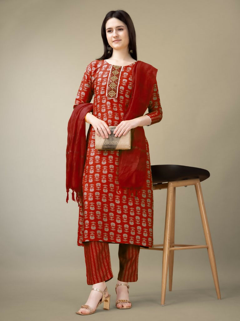 Jyoti Fashion Women's Maroon Rayon Embroidery & Sequence work Kurta with Trouser & Dupatta
