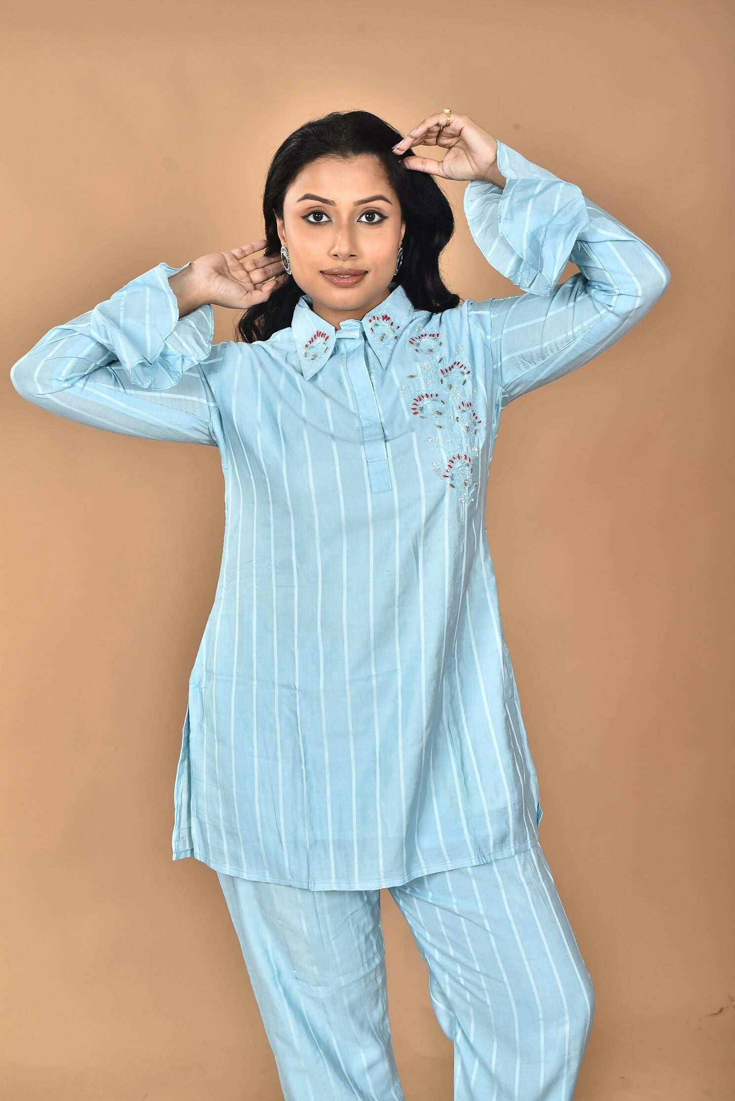 Morchari Women And Hand Embroidery Co-Ords-Sky Blue 