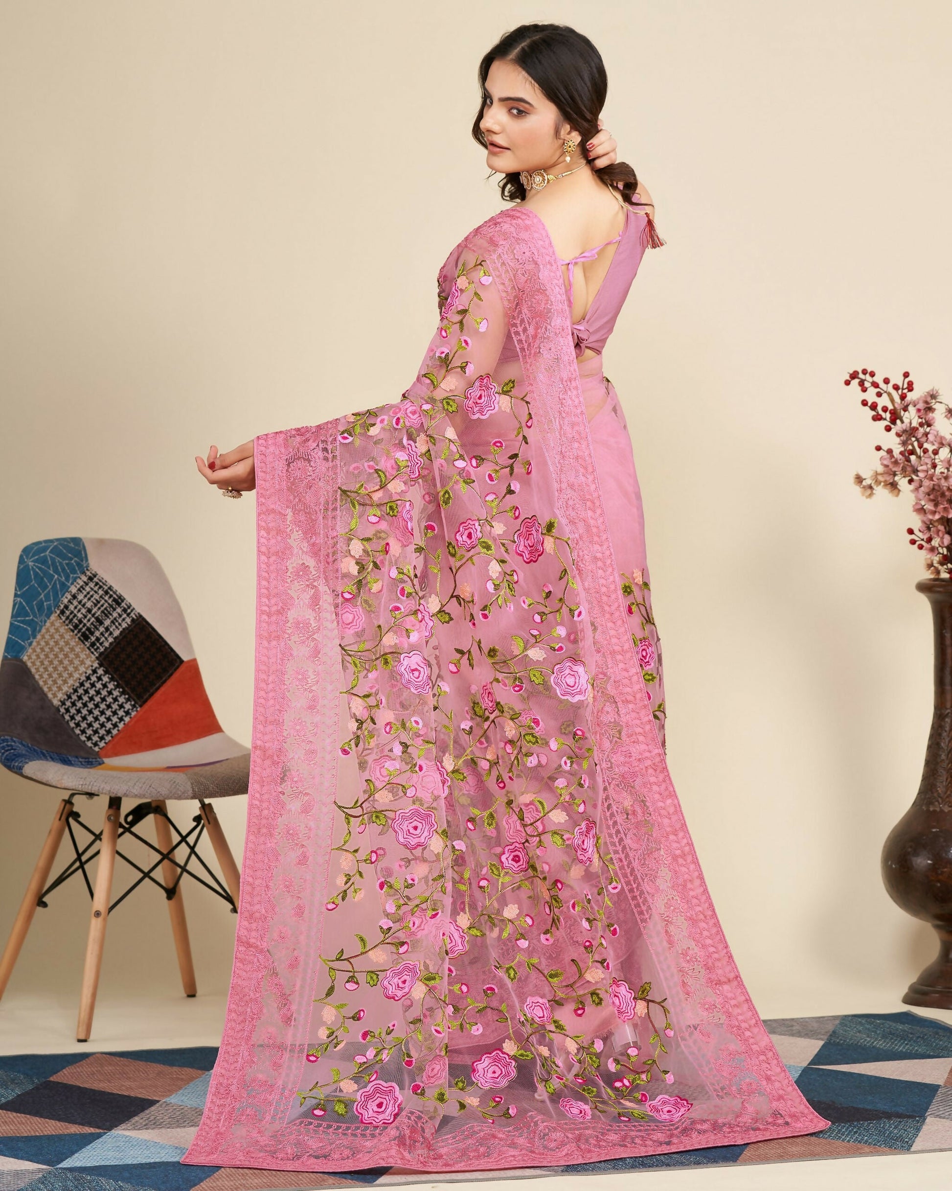 Teeya Creation Womens Latest Stylish Party Wear Soft Net Saree-Pink