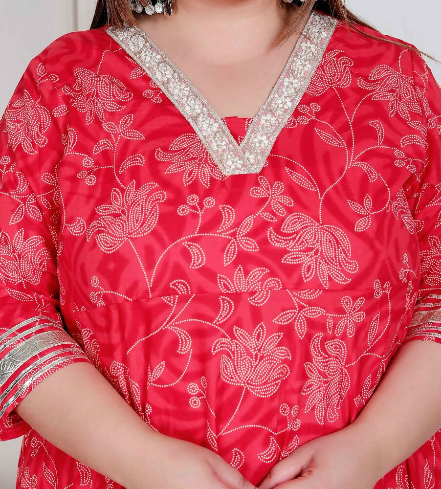 Miravan Plus Size Women'S Red Jaipuri Printed Cotton Ethnic Anarkali Kurta
