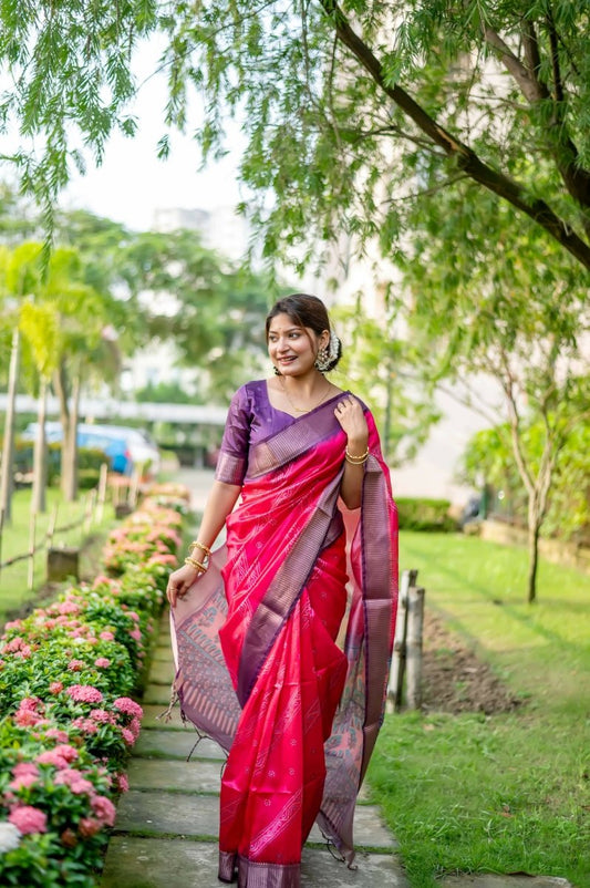 Aastha Fashion Rani Pink Woven Soft Silk Saree with Blouse - Grab2buy