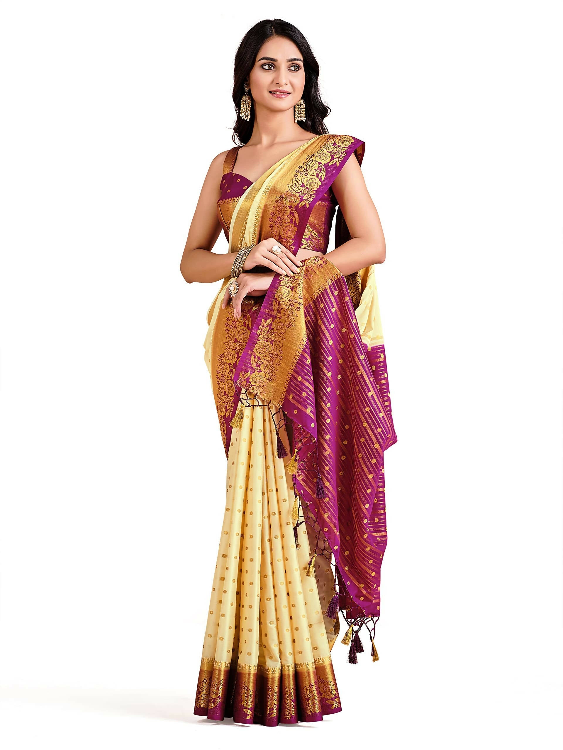 Mimosa Women's Beige Mysore Silk Crepe Saree