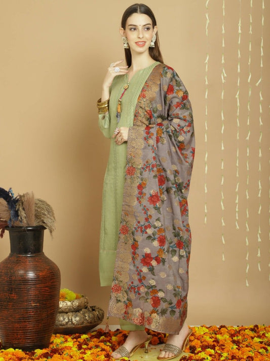 Aastha Fashion Women's Green Chanderi Silk Elegant Jardoshi Semi Kurta with Trouser & Dupatta - Grab2buy