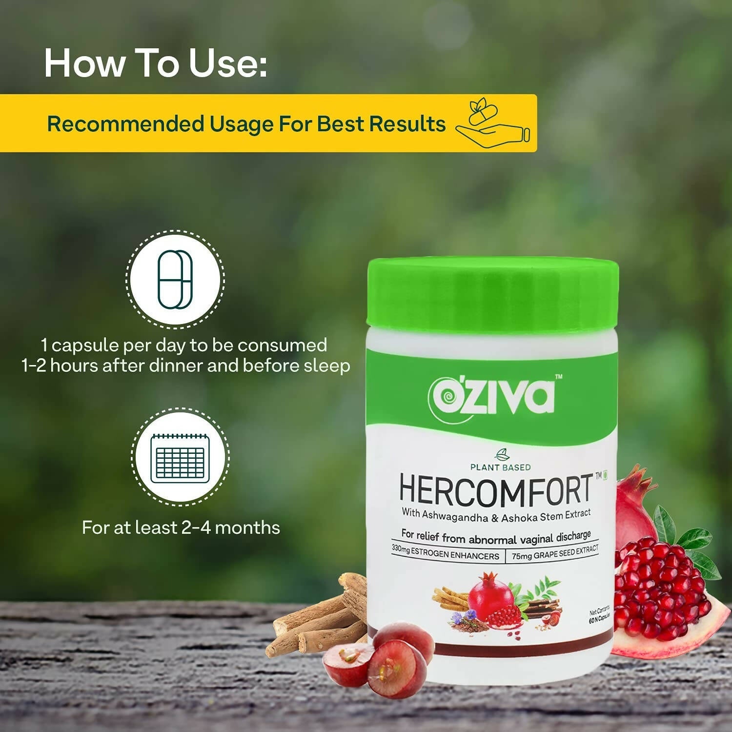 OZiva Plant Based HerComfort with Ashwagandha, Flax Seeds & Ashoka Stem Extracts Capsules - Grab2buy