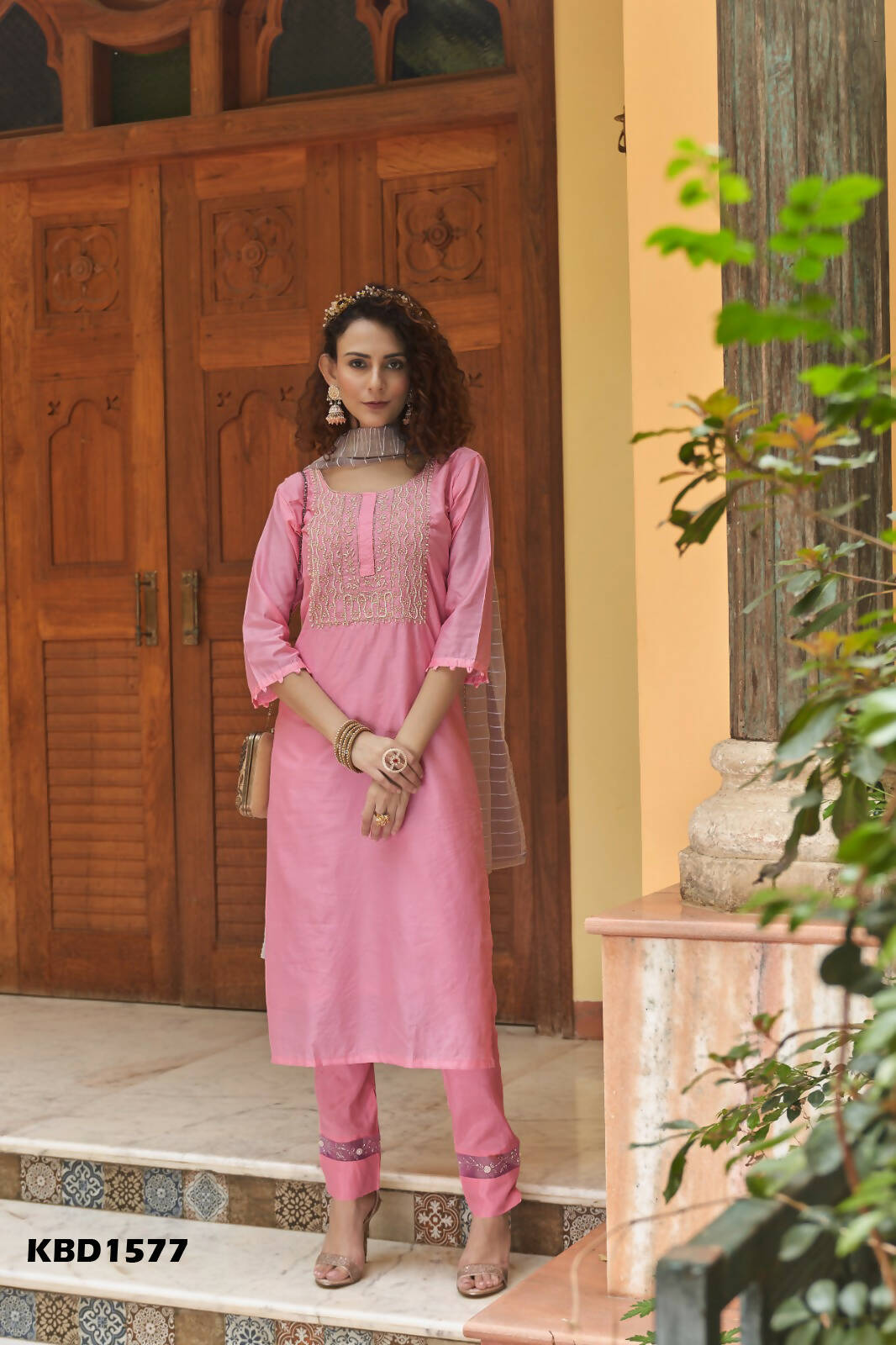 Pink Chinon Embroidered Kurta and Bottom with Dupatta - Akashara