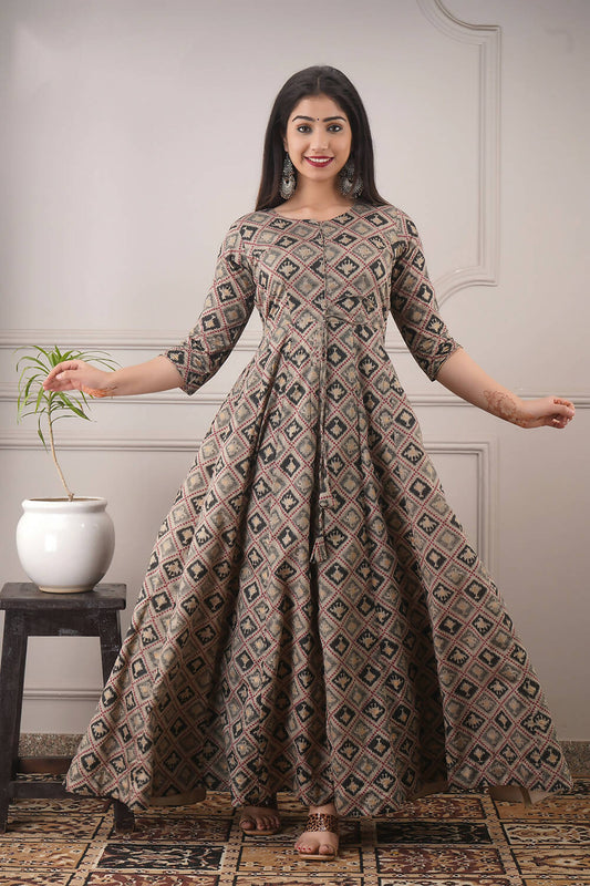 Partywear Designer Hand Screen and Foil Print Multi Pure chanderi Gown - Anbazaar - Grab2buy