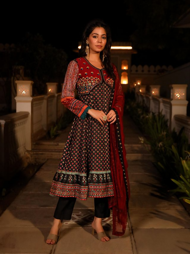 Juniper Women's Black Ethnic Motif Printed Rayon A-lined Kurta Palazzo And Dupatta With Mirror & Thread Work