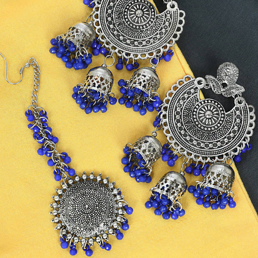 Mominos Fashion Johar Kamal Silver Jhumkas With Maang Tikka Earrings - Grab2buy